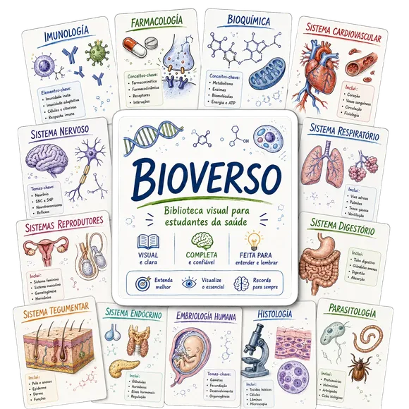 Mockup do Bioverso com apostilas visuais das matérias da saúde